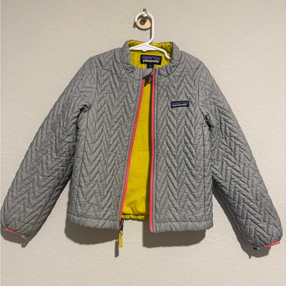 Patagonia Kids Grey Quilted Puffer with Yellow Lining and Pink Trim